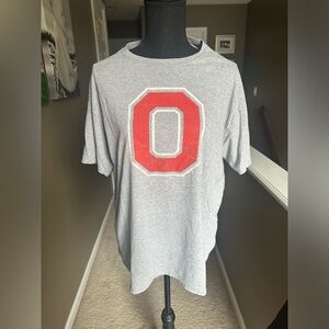 Ohio State Buckeyes gray and red tee shirt.